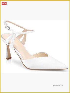 Satin Block Heel Pointed Toe Pumps with Ankle Strap Pearl Bling Wedding Party